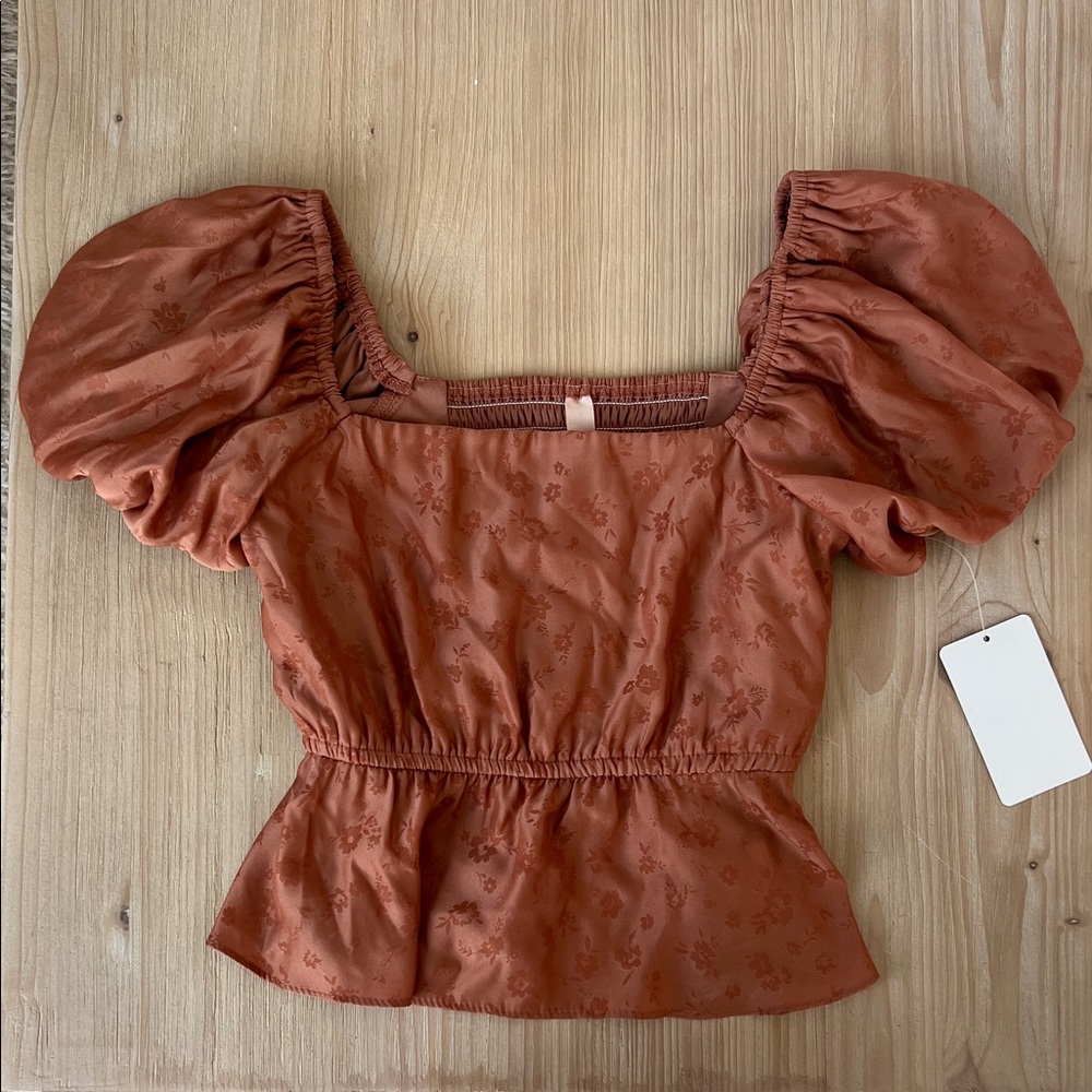 Inspired Hearts Terracotta Puff Sleeve Blouse floral silk top baby tee cinch